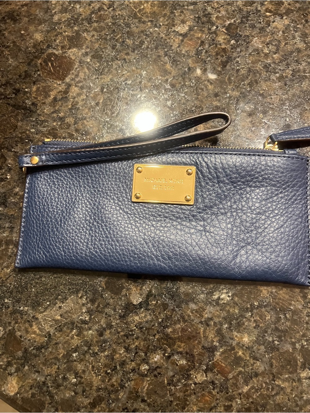 Michael Kors Blue Pebbled Leather Wristlet with Gold Plaque
